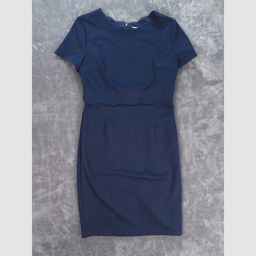 Grace Karin Navy Blue Sheath Dress Large Scalloped Career Short Sleeve